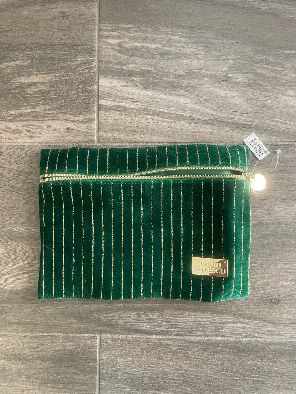 Mario Badescu Emerald Green Velvet Cosmetic Pouch with Gold Pinstripes